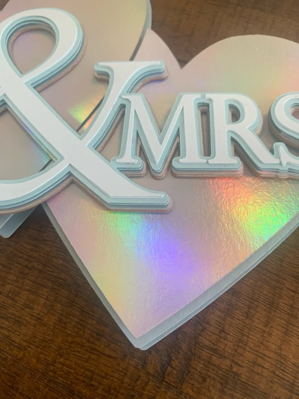 MR. & MRS. Iridescent Heart Cake Topper - Light Blue White Silver